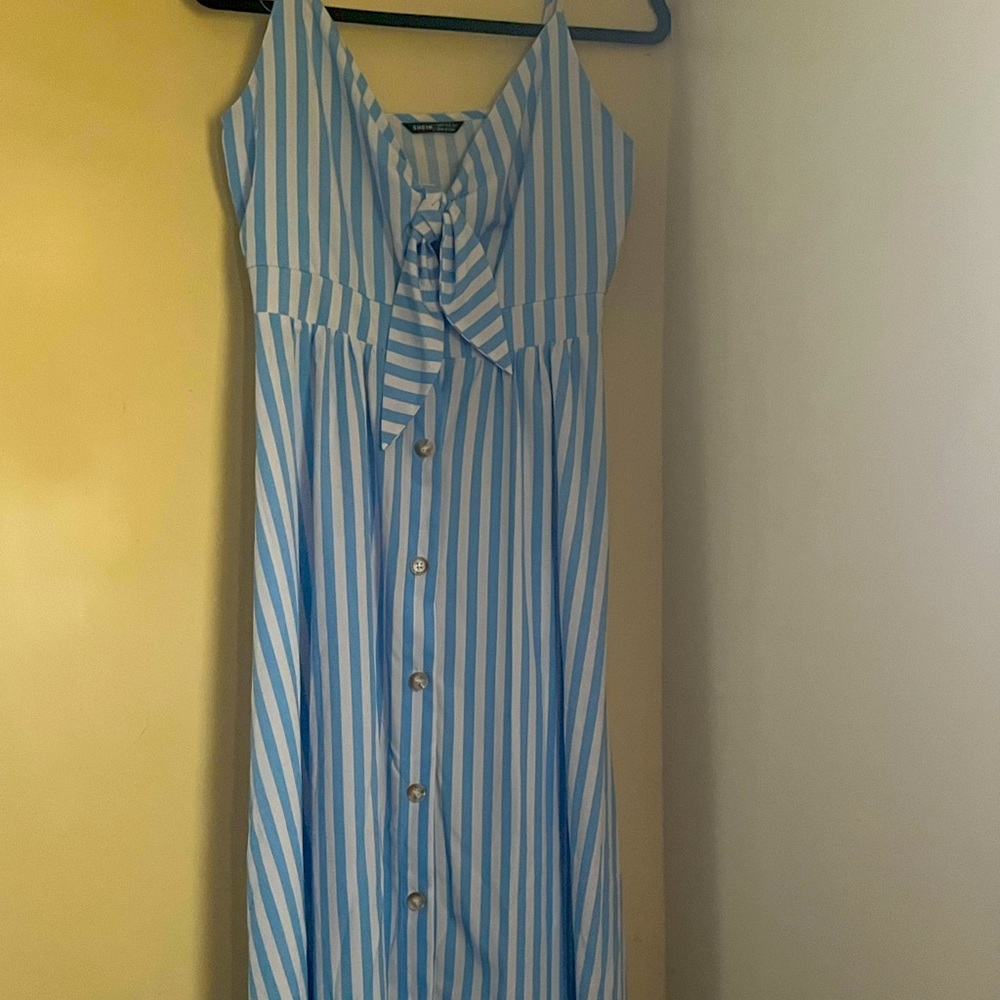 Power blue and white tie and breast button down the middle dress